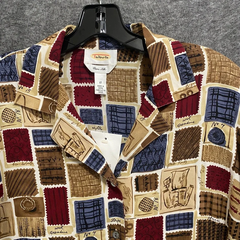 NEW Talbots Silk Blouse Top Womens 12 Novelty‎ Button Up Preppy Academia Office